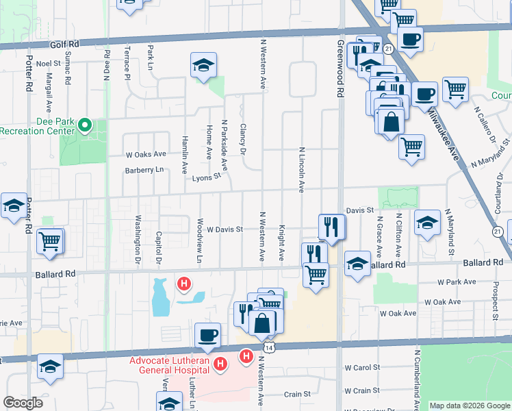map of restaurants, bars, coffee shops, grocery stores, and more near 2240 N Western Ave in Park Ridge