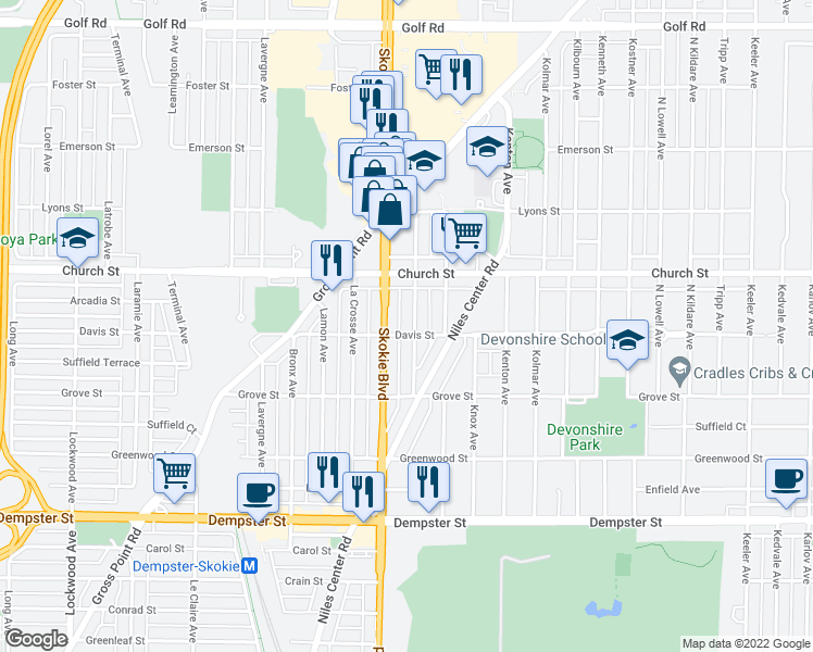 map of restaurants, bars, coffee shops, grocery stores, and more near 9106 Keating Avenue in Skokie