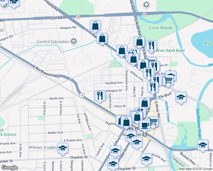 map of restaurants, bars, coffee shops, grocery stores, and more near 1279 Harding Avenue in Des Plaines