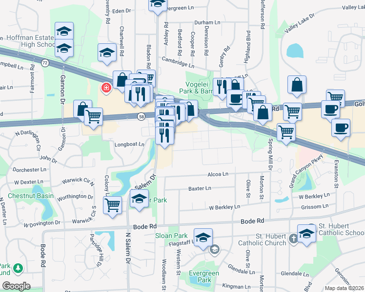 map of restaurants, bars, coffee shops, grocery stores, and more near 740 Hill Drive in Hoffman Estates