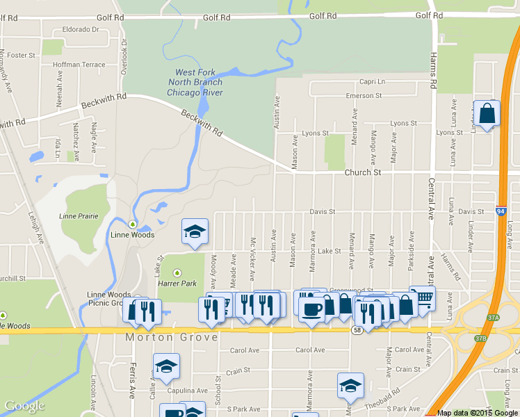 map of restaurants, bars, coffee shops, grocery stores, and more near 9101 McVicker Ave in Morton Grove