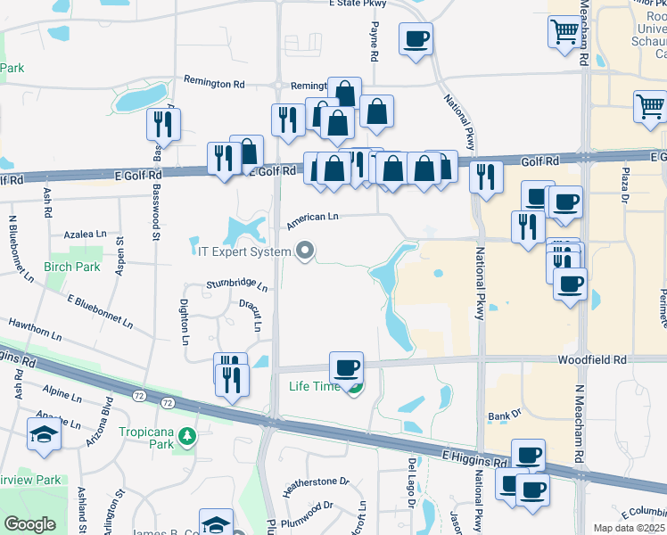 map of restaurants, bars, coffee shops, grocery stores, and more near 939 North Plum Grove Road in Schaumburg
