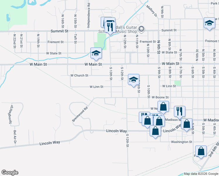 map of restaurants, bars, coffee shops, grocery stores, and more near 1200-1298 W Linn St in Marshalltown