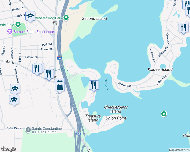 map of restaurants, bars, coffee shops, grocery stores, and more near 70 Birch Island Road in Webster