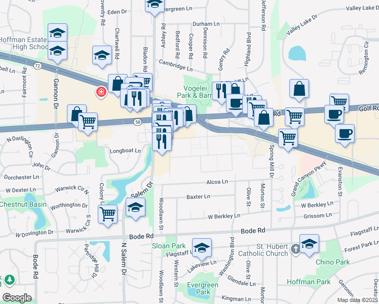map of restaurants, bars, coffee shops, grocery stores, and more near 720 Hill Drive in Hoffman Estates
