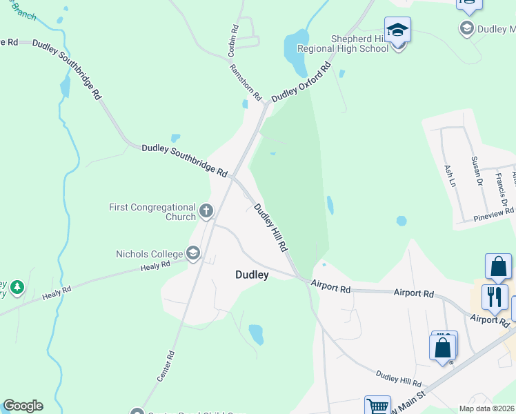 map of restaurants, bars, coffee shops, grocery stores, and more near 68 Dudley Hill Road in Dudley