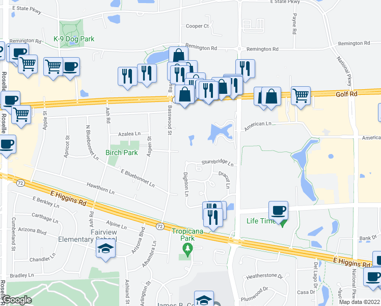 map of restaurants, bars, coffee shops, grocery stores, and more near 1012 North Plum Grove Road in Schaumburg