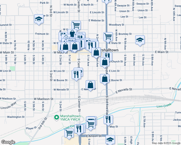 map of restaurants, bars, coffee shops, grocery stores, and more near 201-299 South 1st Avenue in Marshalltown