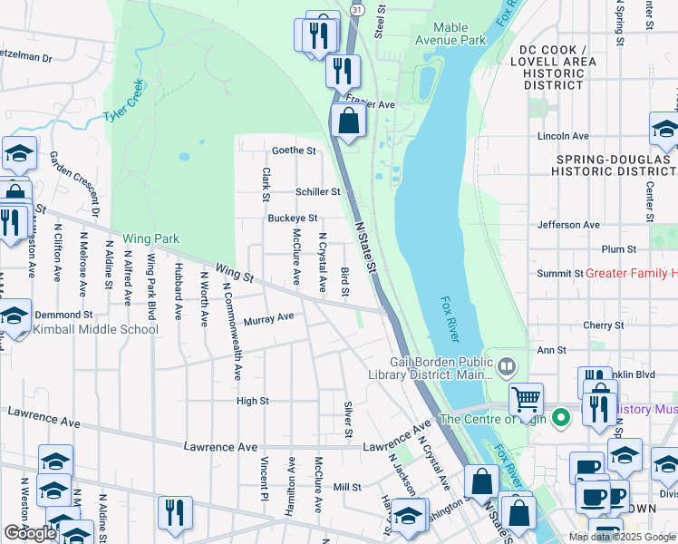 map of restaurants, bars, coffee shops, grocery stores, and more near 538 Bird Street in Elgin