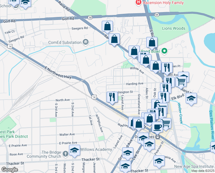 map of restaurants, bars, coffee shops, grocery stores, and more near 361 Western Avenue in Des Plaines
