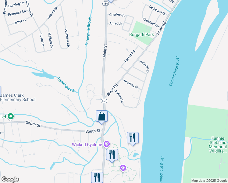 map of restaurants, bars, coffee shops, grocery stores, and more near 34 River Road in Agawam