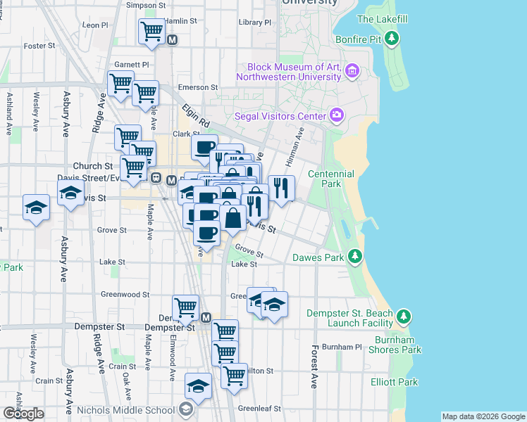map of restaurants, bars, coffee shops, grocery stores, and more near in Evanston
