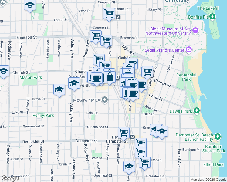 map of restaurants, bars, coffee shops, grocery stores, and more near 1570 Elmwood Avenue in Evanston