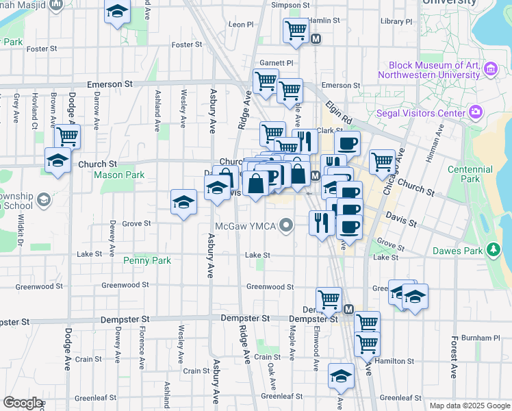 map of restaurants, bars, coffee shops, grocery stores, and more near in Evanston