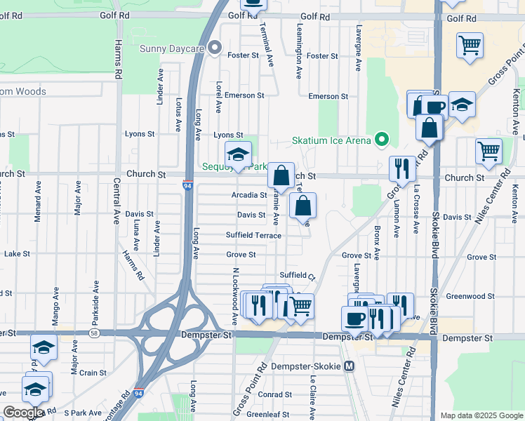 map of restaurants, bars, coffee shops, grocery stores, and more near 5220 Davis Street in Skokie