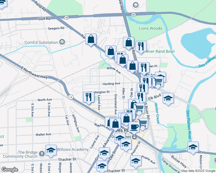 map of restaurants, bars, coffee shops, grocery stores, and more near 1333 Harding Avenue in Des Plaines
