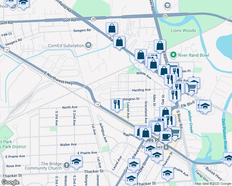 map of restaurants, bars, coffee shops, grocery stores, and more near 361 Western Avenue in Des Plaines