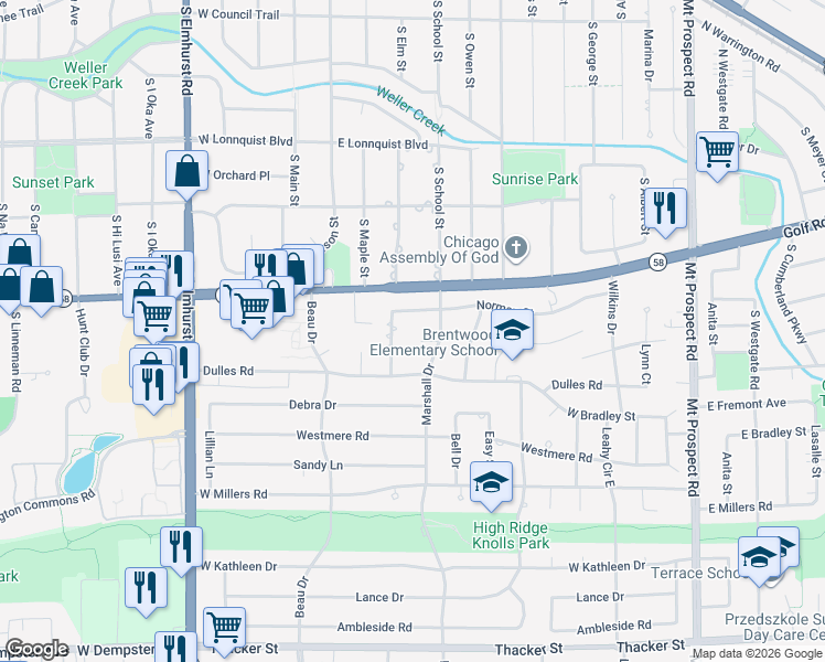 map of restaurants, bars, coffee shops, grocery stores, and more near 412 Michael Court in Des Plaines
