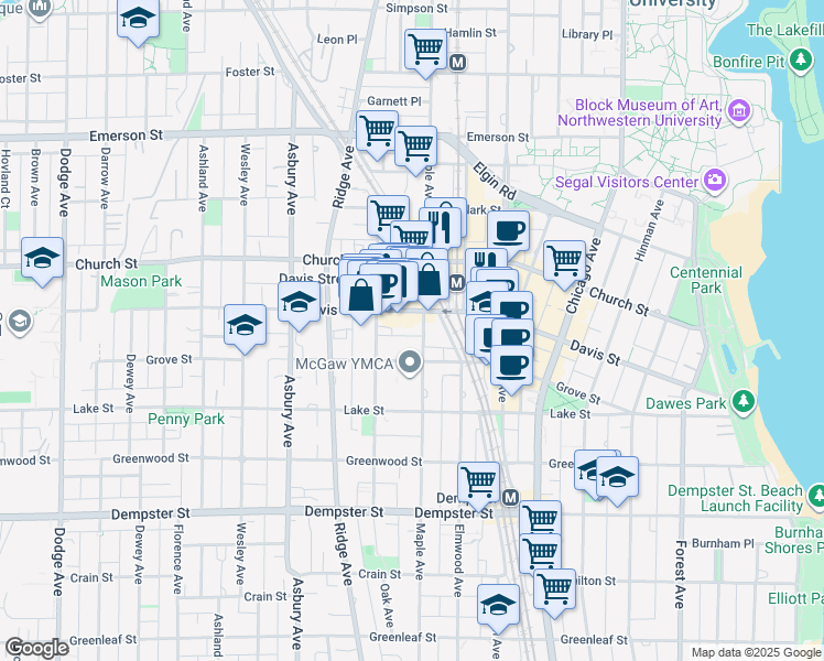 map of restaurants, bars, coffee shops, grocery stores, and more near 1572 Elmwood Avenue in Evanston