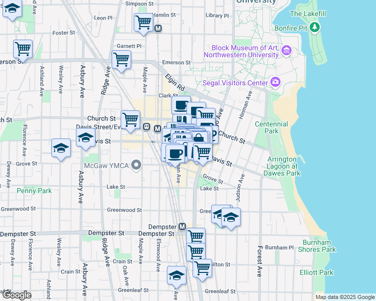 map of restaurants, bars, coffee shops, grocery stores, and more near 626 Davis Street in Evanston