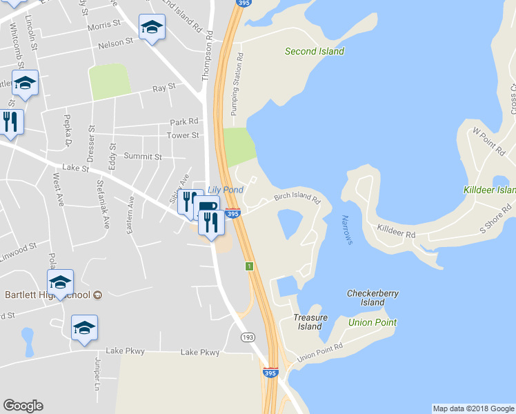 map of restaurants, bars, coffee shops, grocery stores, and more near 71 Birch Island Road in Webster