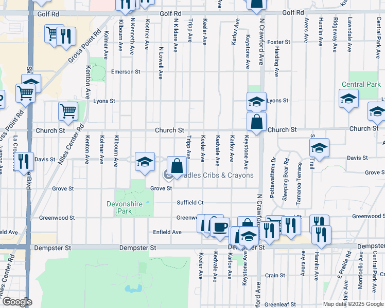 map of restaurants, bars, coffee shops, grocery stores, and more near 9107 Tripp Avenue in Skokie