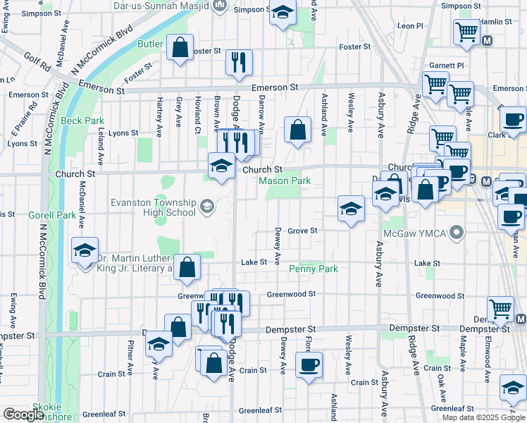 map of restaurants, bars, coffee shops, grocery stores, and more near 1574 Darrow Avenue in Evanston