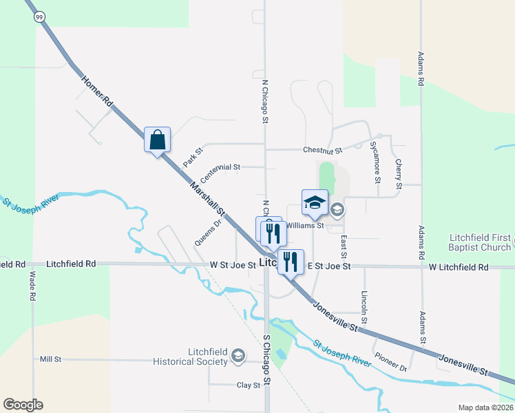 map of restaurants, bars, coffee shops, grocery stores, and more near 220 North Chicago Street in Litchfield