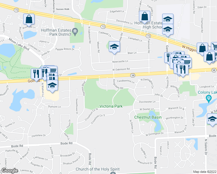 map of restaurants, bars, coffee shops, grocery stores, and more near 1155 Woodcreek Lane in Hoffman Estates
