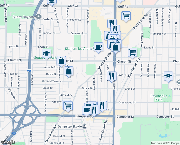 map of restaurants, bars, coffee shops, grocery stores, and more near 4960 Davis Street in Skokie