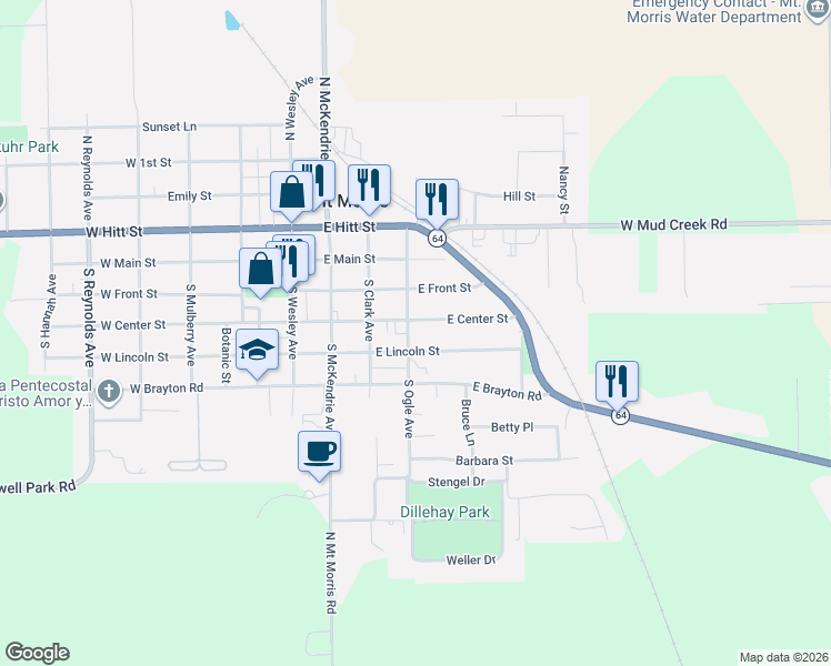 map of restaurants, bars, coffee shops, grocery stores, and more near 203 South Ogle Avenue in Mount Morris