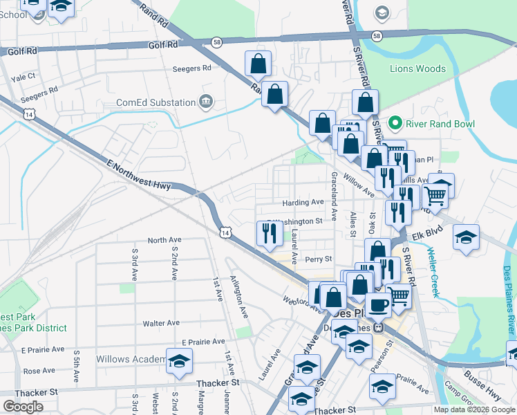 map of restaurants, bars, coffee shops, grocery stores, and more near 361 Western Avenue in Des Plaines
