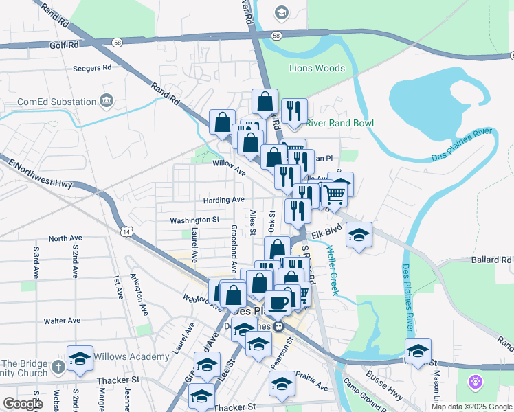 map of restaurants, bars, coffee shops, grocery stores, and more near 367 Alles Street in Des Plaines