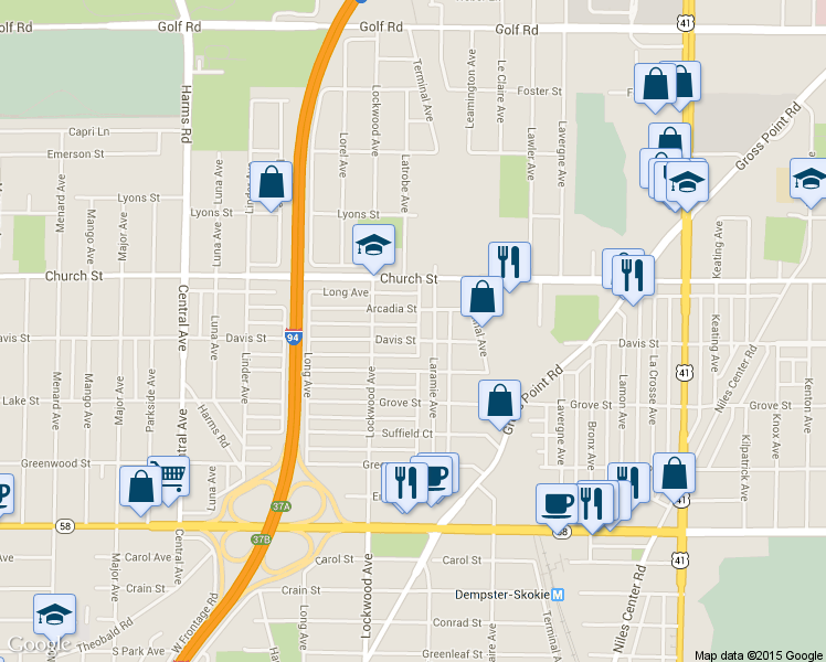 map of restaurants, bars, coffee shops, grocery stores, and more near 5220 Davis Street in Skokie