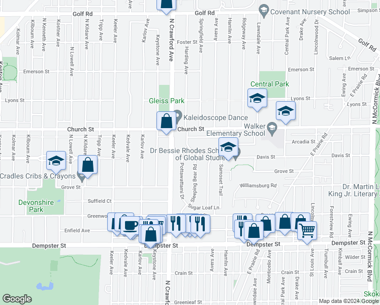 map of restaurants, bars, coffee shops, grocery stores, and more near 3913 4 Winds Way in Skokie