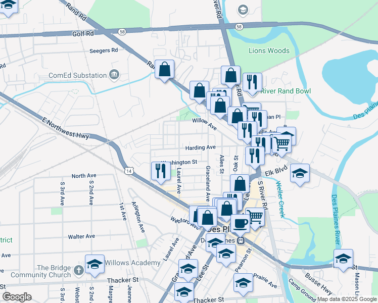 map of restaurants, bars, coffee shops, grocery stores, and more near 1333 Harding Avenue in Des Plaines