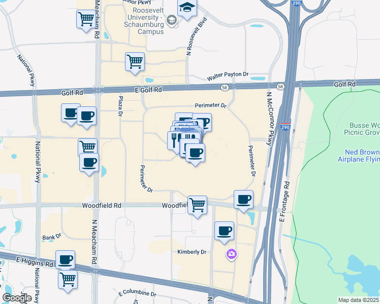 map of restaurants, bars, coffee shops, grocery stores, and more near 5 Woodfield Mall in Schaumburg