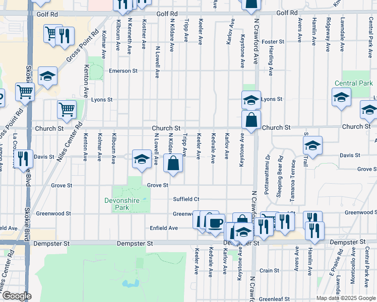 map of restaurants, bars, coffee shops, grocery stores, and more near 9107 Tripp Avenue in Skokie