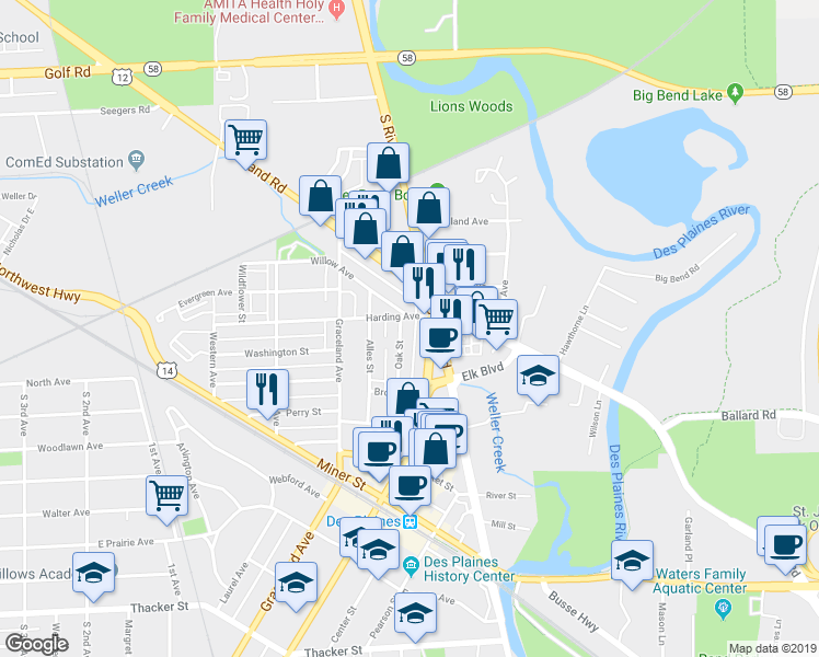 map of restaurants, bars, coffee shops, grocery stores, and more near 365 Oak Street in Des Plaines