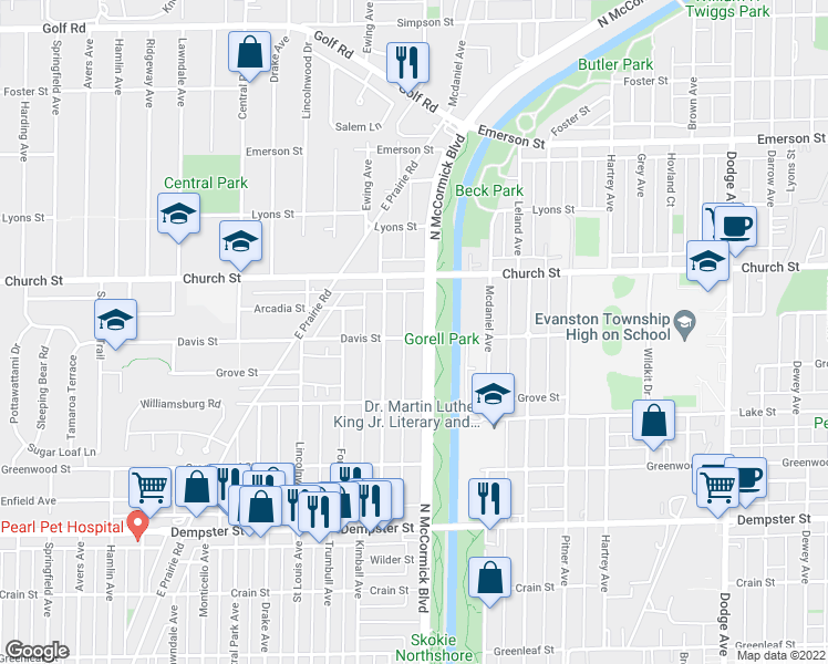 map of restaurants, bars, coffee shops, grocery stores, and more near 3300 Davis Street in Evanston