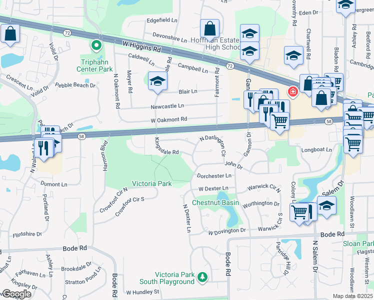 map of restaurants, bars, coffee shops, grocery stores, and more near 1091 Kingsdale Road in Hoffman Estates