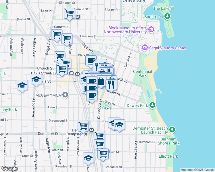 map of restaurants, bars, coffee shops, grocery stores, and more near 1611 Chicago Avenue in Evanston