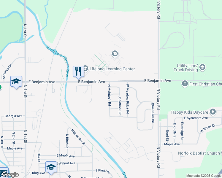 map of restaurants, bars, coffee shops, grocery stores, and more near 1122 North McIntosh Road in Norfolk