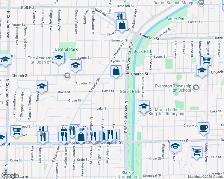 map of restaurants, bars, coffee shops, grocery stores, and more near 9100 Ewing Avenue in Evanston