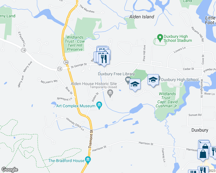 map of restaurants, bars, coffee shops, grocery stores, and more near 17c Railroad Avenue in Duxbury