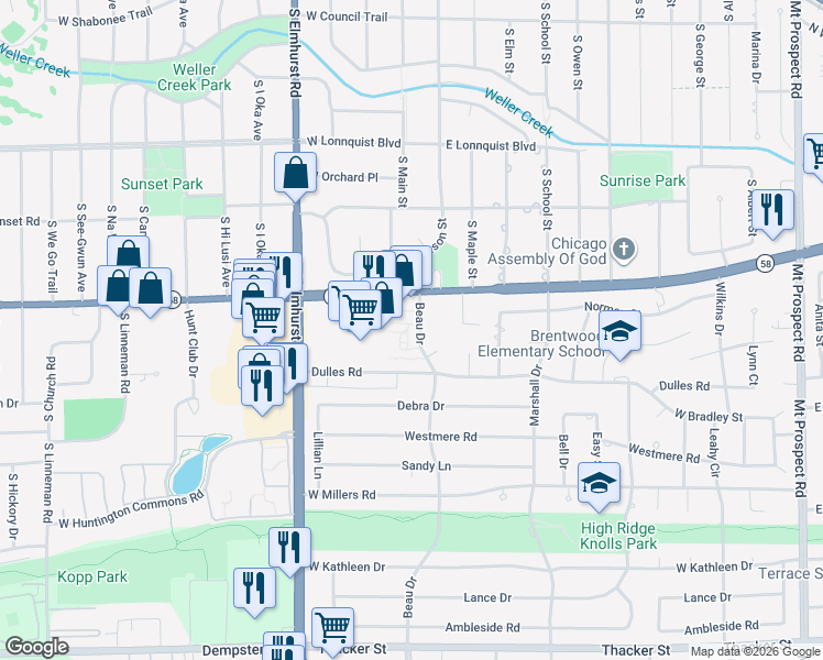 map of restaurants, bars, coffee shops, grocery stores, and more near 280 Beau Drive in Des Plaines