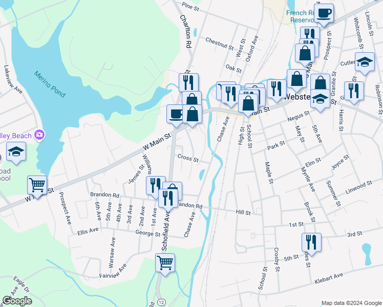 map of restaurants, bars, coffee shops, grocery stores, and more near 22 Central Avenue in Dudley