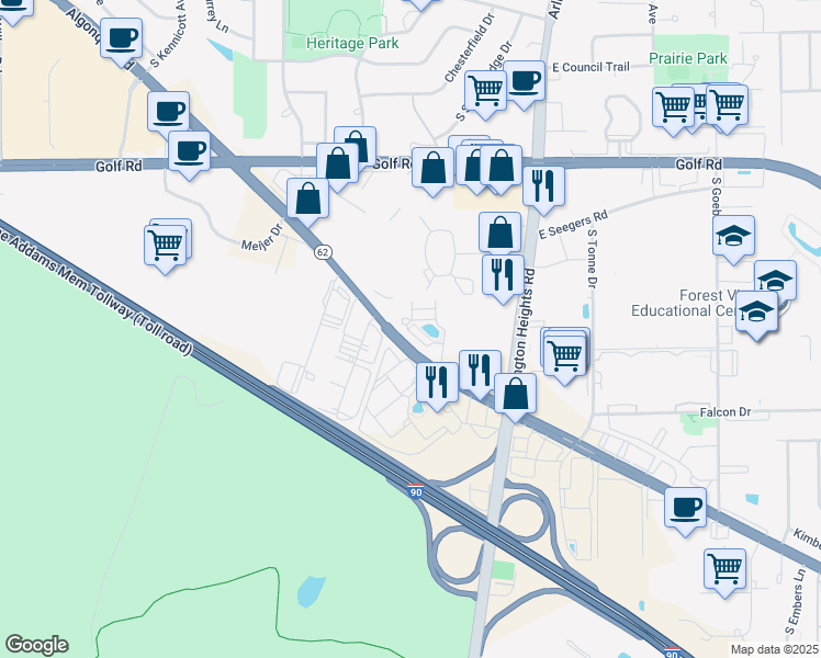map of restaurants, bars, coffee shops, grocery stores, and more near 2201 South Crambourne Way in Arlington Heights