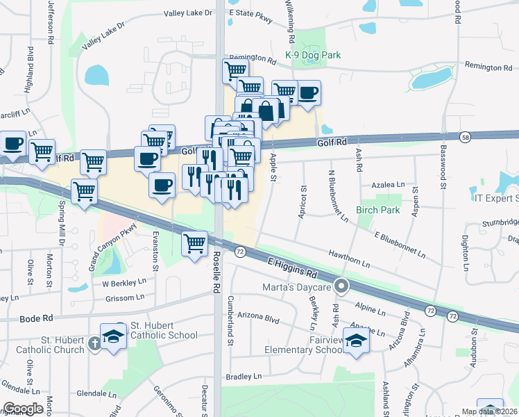 map of restaurants, bars, coffee shops, grocery stores, and more near 1020 Apple Street in Hoffman Estates
