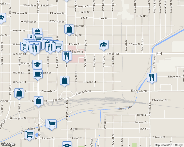 map of restaurants, bars, coffee shops, grocery stores, and more near 509 East Linn Street in Marshalltown